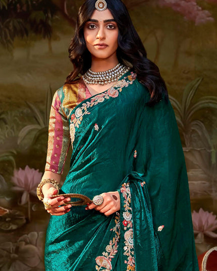Peacock Green Organza Chiffon Embroidered Designer Wedding Saree