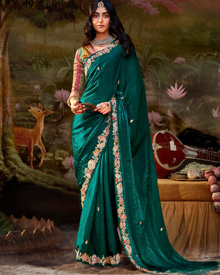 Peacock Green Organza Chiffon Embroidered Designer Wedding Saree