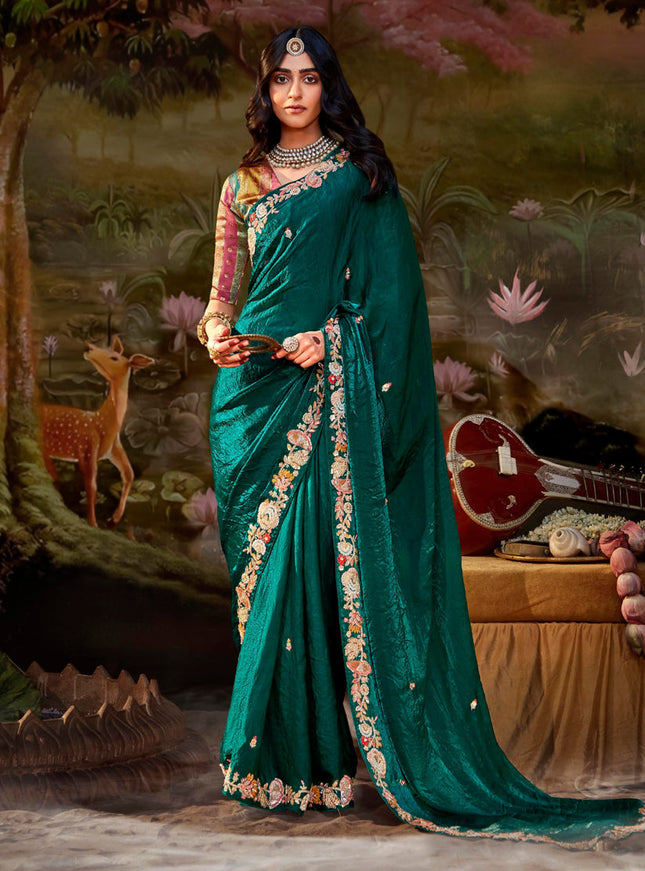 Peacock Green Organza Chiffon Embroidered Designer Wedding Saree