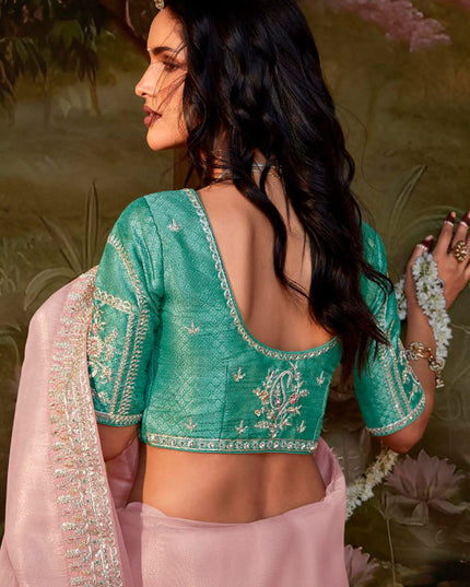 Blush Pink Organza Chiffon Embroidered Designer Wedding Saree