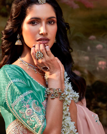 Blush Pink Organza Chiffon Embroidered Designer Wedding Saree