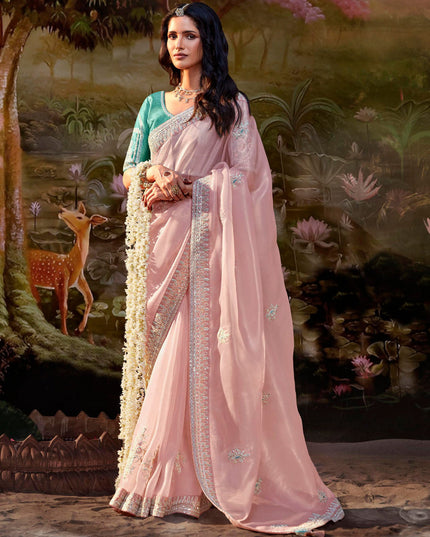 Blush Pink Organza Chiffon Embroidered Designer Wedding Saree