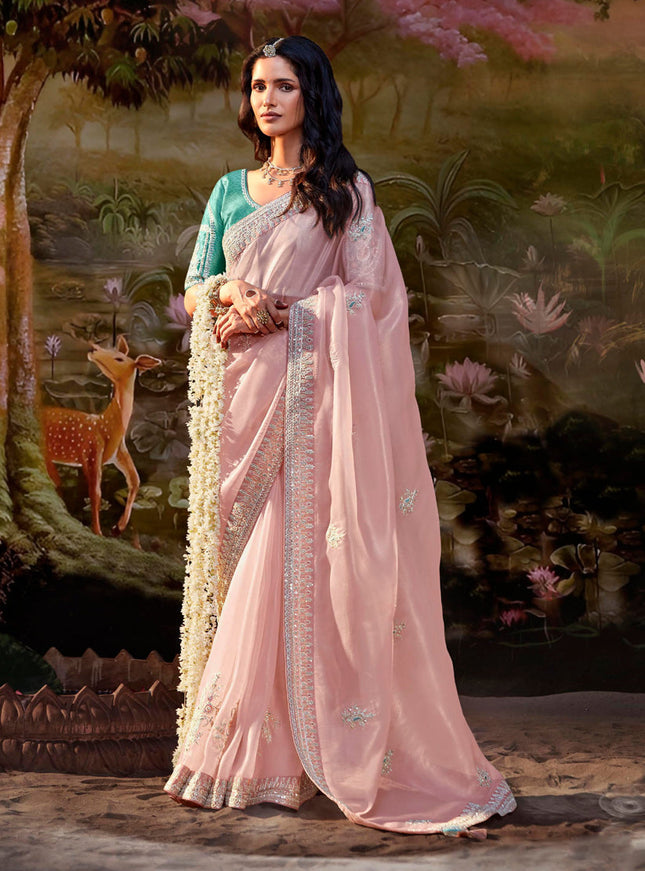 Blush Pink Organza Chiffon Embroidered Designer Wedding Saree
