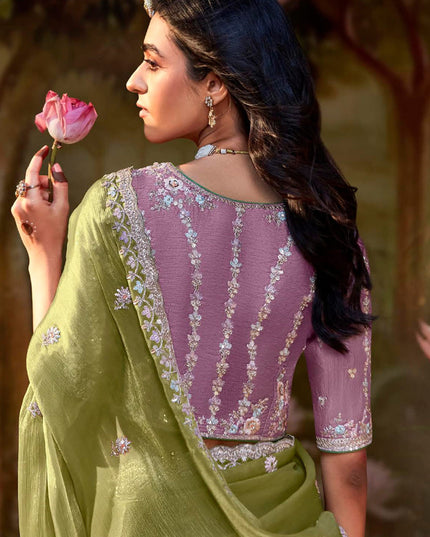 Pistachio Green Organza Chiffon Embroidered Designer Wedding Saree