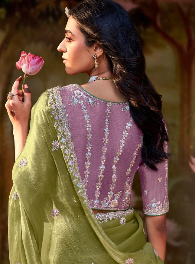 Pistachio Green Organza Chiffon Embroidered Designer Wedding Saree