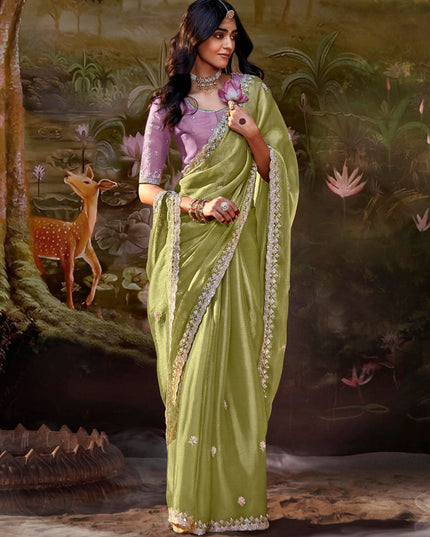Pistachio Green Organza Chiffon Embroidered Designer Wedding Saree