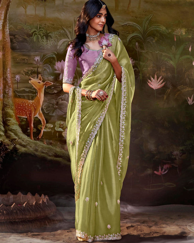 Pistachio Green Organza Chiffon Embroidered Designer Wedding Saree