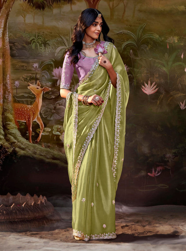 Pistachio Green Organza Chiffon Embroidered Designer Wedding Saree