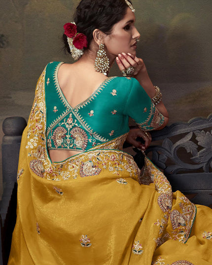 Mustard Yellow Tissue Organza Embroidered Wedding Saree