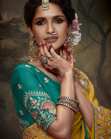 Mustard Yellow Tissue Organza Embroidered Wedding Saree