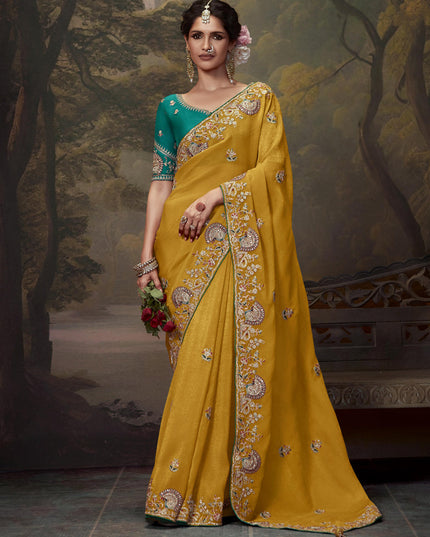 Mustard Yellow Tissue Organza Embroidered Wedding Saree
