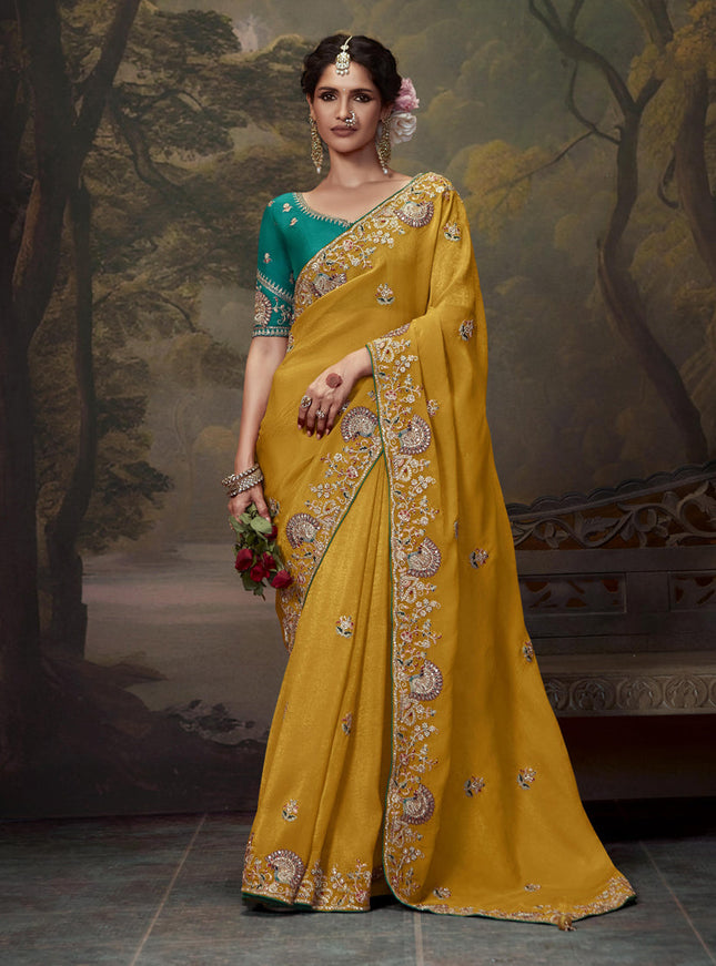 Mustard Yellow Tissue Organza Embroidered Wedding Saree