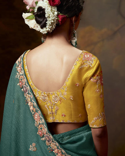 Rama Green Tissue Organza Embroidered Wedding Saree
