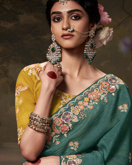 Rama Green Tissue Organza Embroidered Wedding Saree