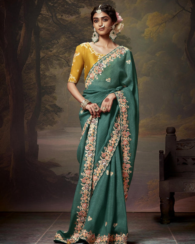Rama Green Tissue Organza Embroidered Wedding Saree