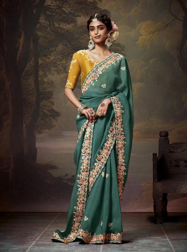 Rama Green Tissue Organza Embroidered Wedding Saree