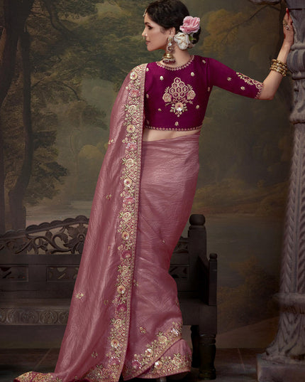 Old Rose Pink Tissue Organza Embroidered Wedding Saree