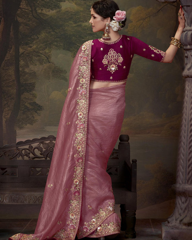 Old Rose Pink Tissue Organza Embroidered Wedding Saree