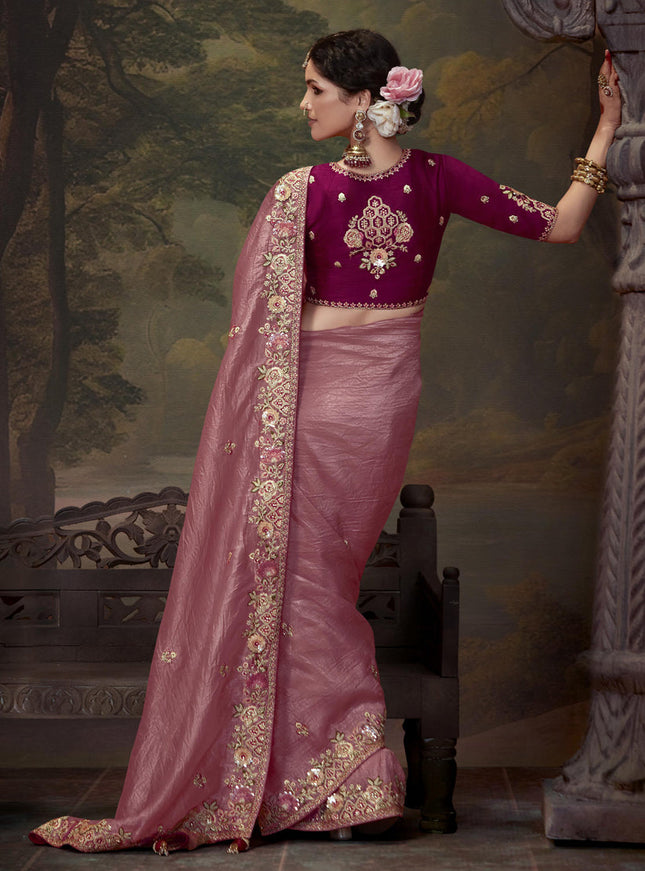 Old Rose Pink Tissue Organza Embroidered Wedding Saree