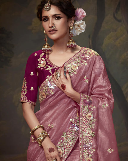 Old Rose Pink Tissue Organza Embroidered Wedding Saree