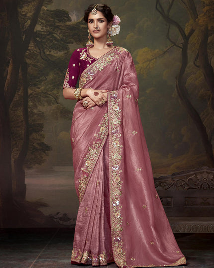 Old Rose Pink Tissue Organza Embroidered Wedding Saree