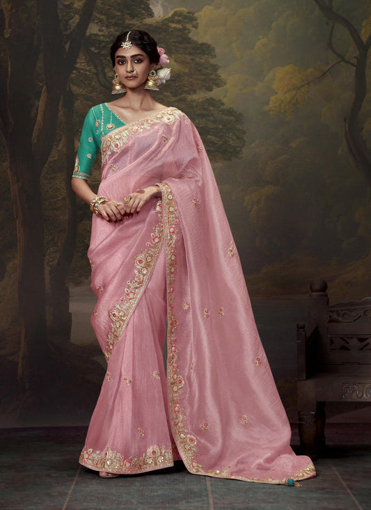 Carnation Pink Tissue Organza Embroidered Wedding Saree