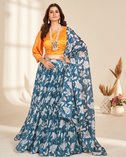 Slate Blue Pure Organza Readymade Lehenga Choli