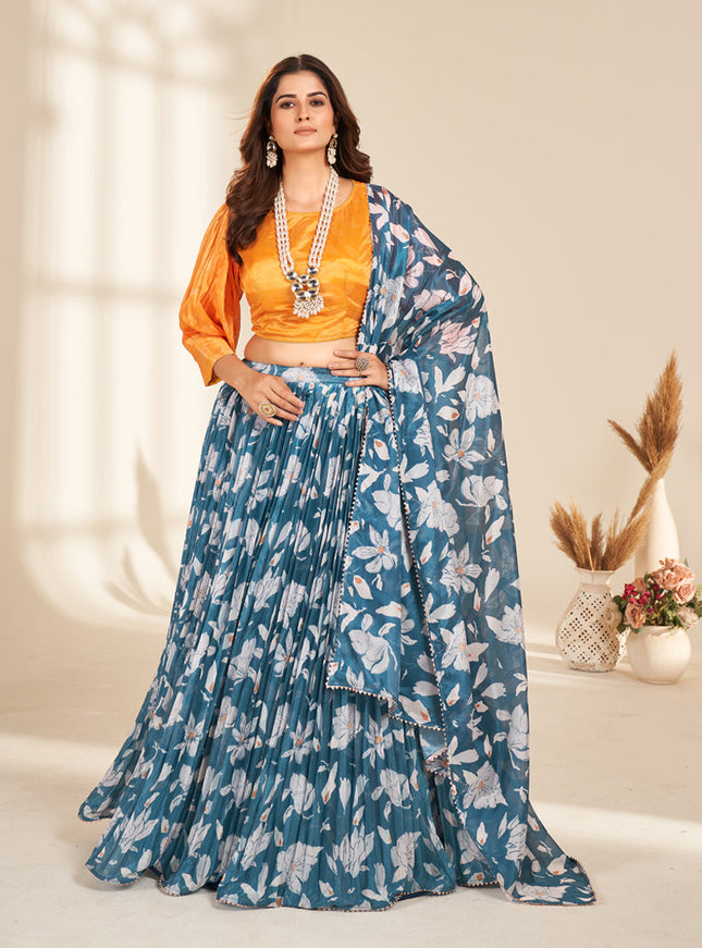 Slate Blue Pure Organza Readymade Lehenga Choli