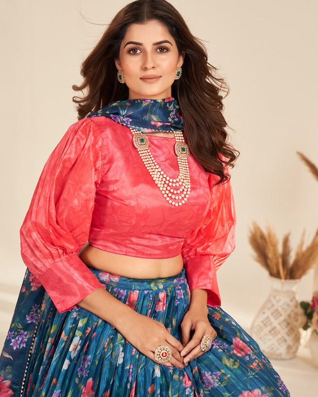 Peacock Blue Pure Organza Readymade Lehenga Choli