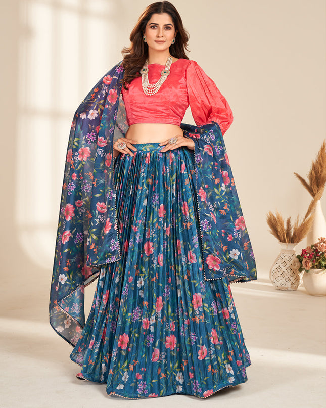 Peacock Blue Pure Organza Readymade Lehenga Choli