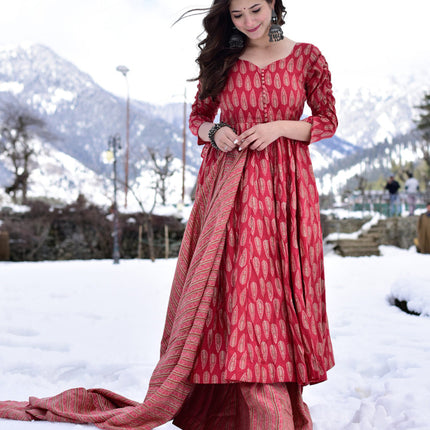 Crimson Red Pure Muslin Sharara Kameez Suit