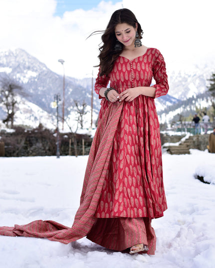 Crimson Red Pure Muslin Sharara Kameez Suit