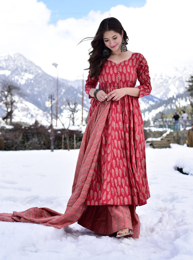 Crimson Red Pure Muslin Sharara Kameez Suit