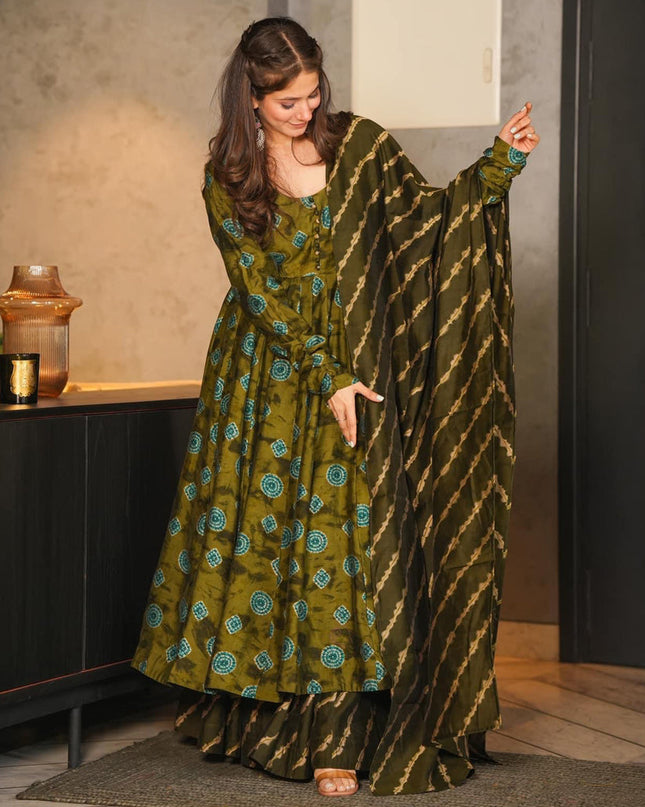 Olive Green Pure Muslin Sharara Kameez Suit