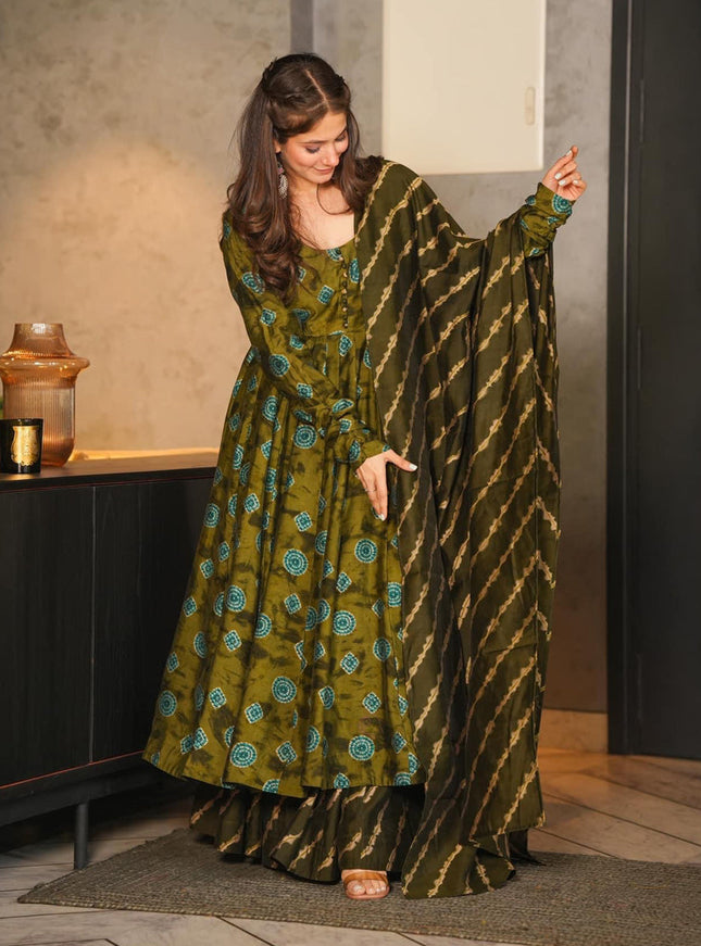 Olive Green Pure Muslin Sharara Kameez Suit