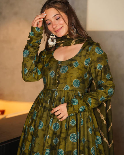 Olive Green Pure Muslin Sharara Kameez Suit