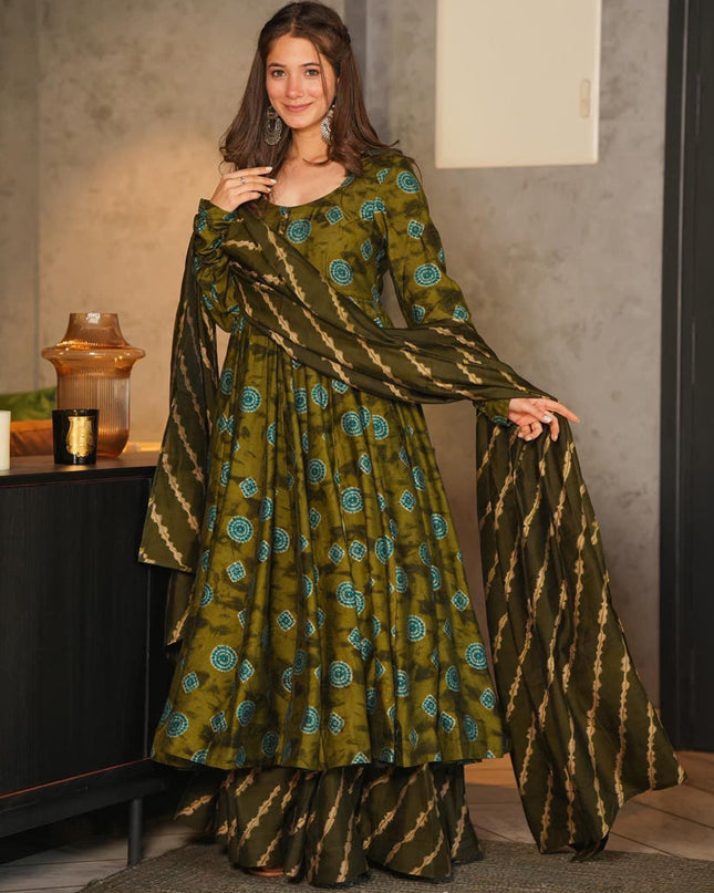 Olive Green Pure Muslin Sharara Kameez Suit