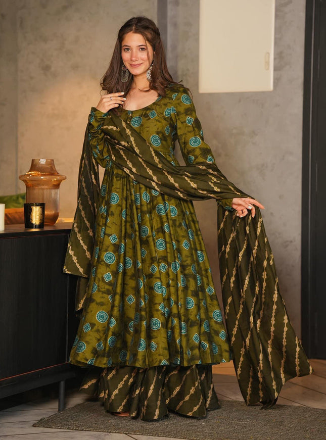 Olive Green Pure Muslin Sharara Kameez Suit