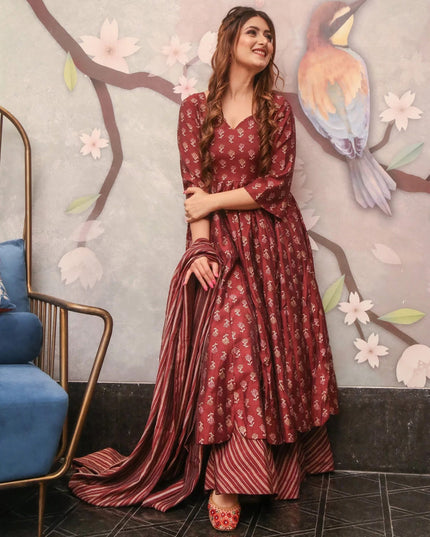 Maroon Pure Muslin Sharara Kameez Suit