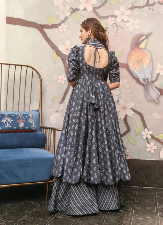 Grey Pure Muslin Sharara Kameez Suit