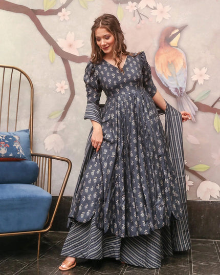 Grey Pure Muslin Sharara Kameez Suit