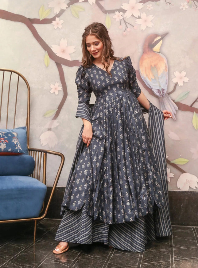 Grey Pure Muslin Sharara Kameez Suit