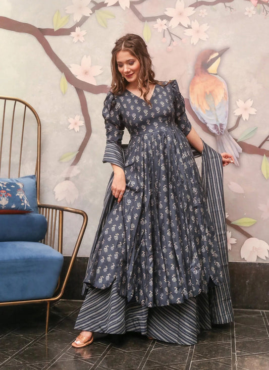 Grey Pure Muslin Sharara Kameez Suit