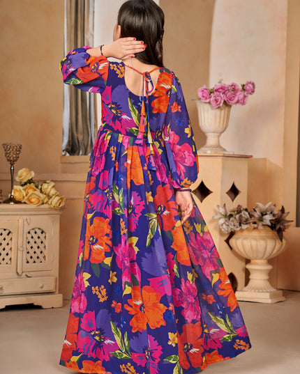 Violet Georgette Printed Girls Gown