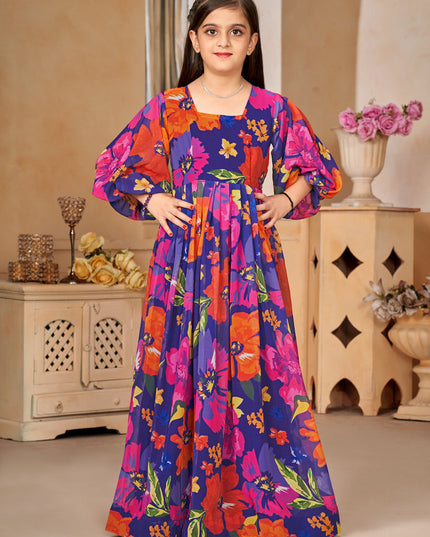 Violet Georgette Printed Girls Gown