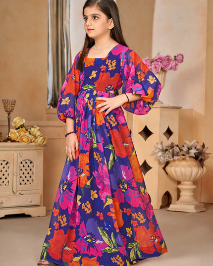 Violet Georgette Printed Girls Gown