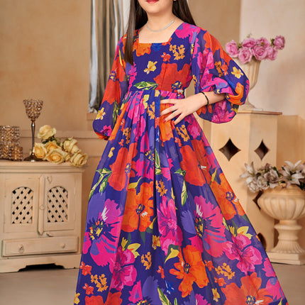 Violet Georgette Printed Girls Gown