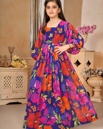 Violet Georgette Printed Girls Gown
