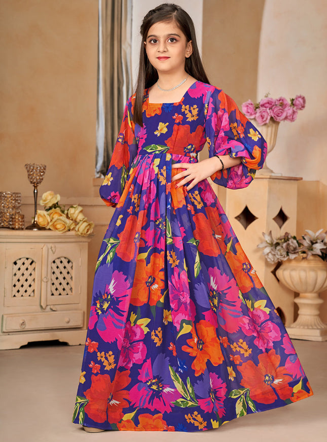 Violet Georgette Printed Girls Gown
