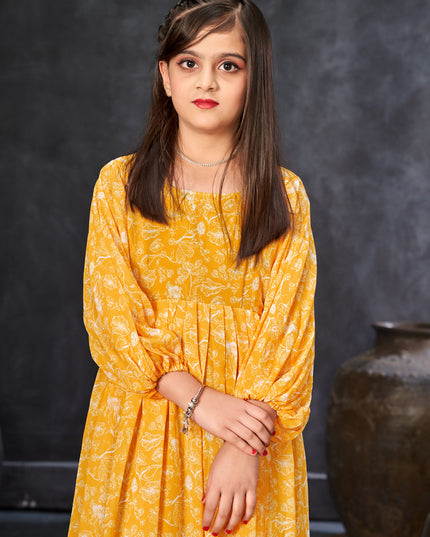 Sunny Yellow Georgette Printed Girls Gown